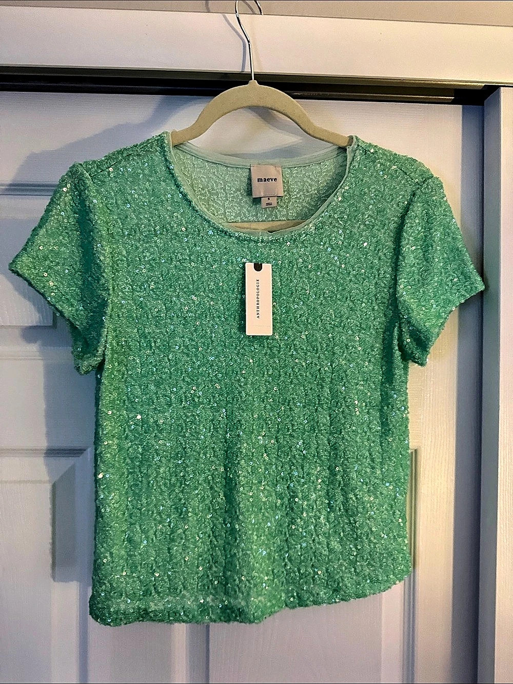 Anthropologie Maeve Sequin Tee Short Sleeve Top Green Size Small